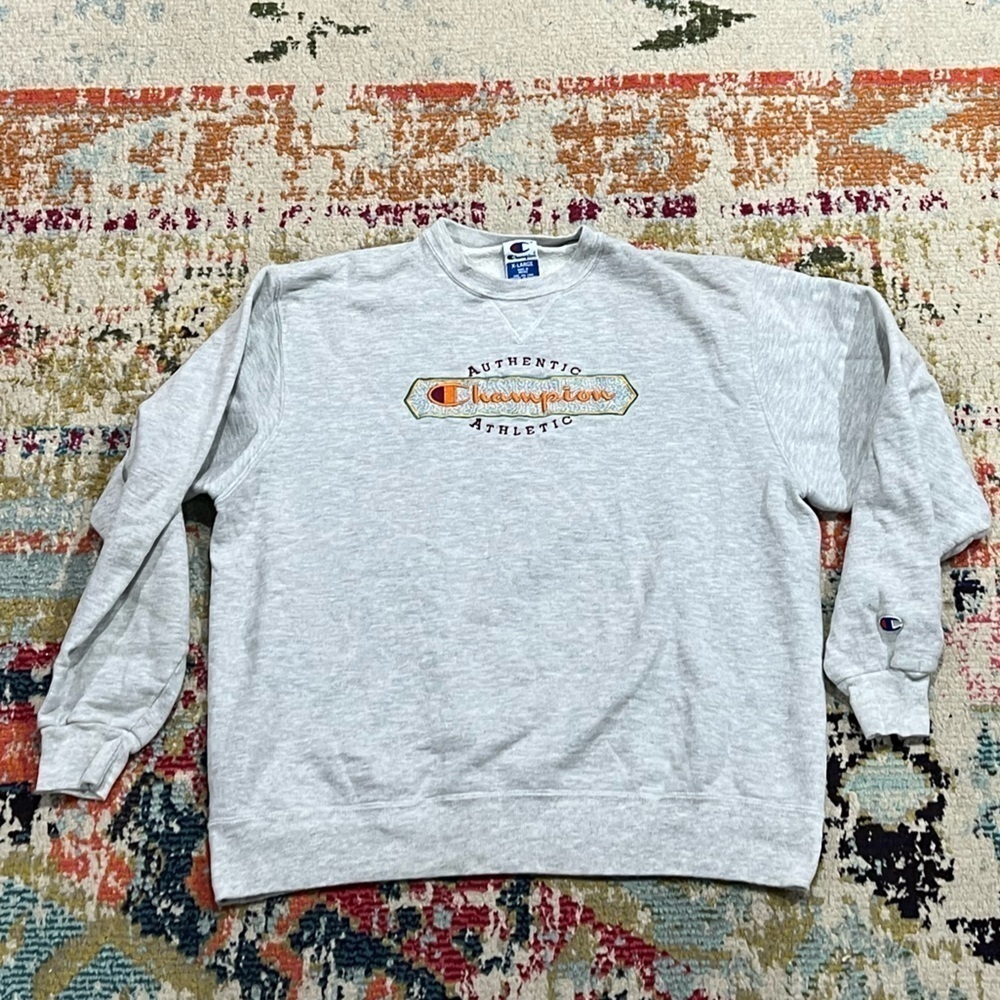 Vintage Champion Gray Stitched Logo Pullover Crewneck Classic 1990s Sweatshirt